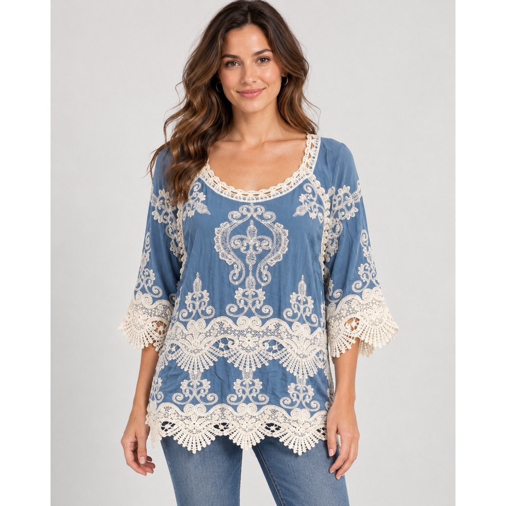 Leo & Nicole Blue Embroidered Crochet Lace Trim Blouse 3/4 Sleeve Petite Large